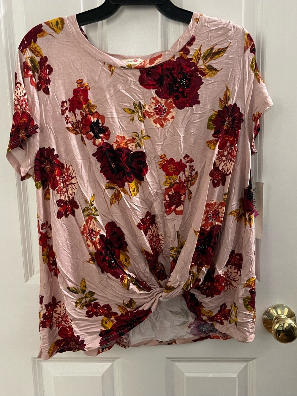 Wishful Park Pink Short-Sleeve Twist-Front Floral Top